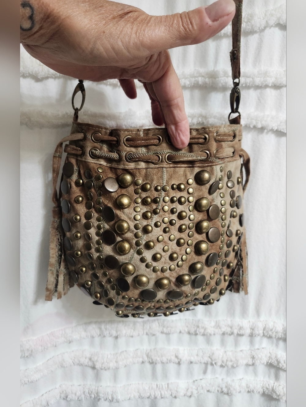Vintage, Studded Brown Leather Crossbody Bag. Quite Firm On Price!!